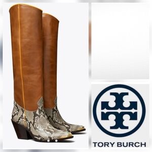 Tory Burch Tan and Snake Print Heeled Boots